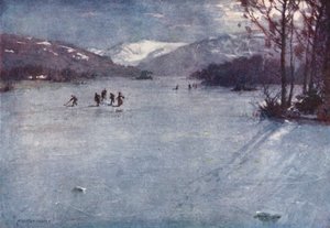 Lake District: Windermere, luistelu kuunvalossa (värilitro). tekijältä Alfred Heaton Cooper