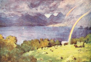 Lake District: Windermere and Langdale Pikes, Lowwoodista (värilitro): Windermere and Langdale Pikes, from Lowwood (color litho) tekijältä Alfred Heaton Cooper