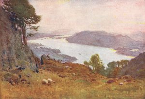 Lake District: Windermere Wansfellistä, auringonlasku (värilitro). tekijältä Alfred Heaton Cooper