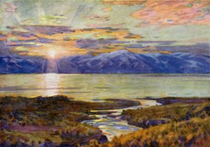 Keskiyön aurinko Torne Trask -järven yllä Abiskosta käsin tekijältä Alfred Heaton Cooper