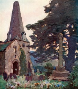 Porlockin kirkko ja risti (väri litho) tekijältä Alfred Heaton Cooper