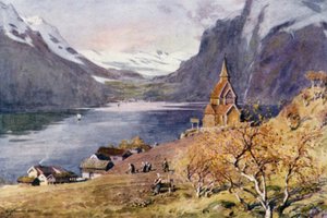 Urnaes-kirkko, Lyster, Sogne Fjord tekijältä Alfred Heaton Cooper