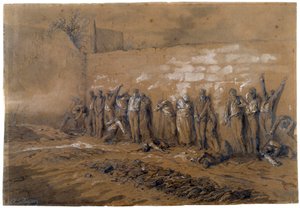Commune de Paris: Kommuunin 147 taistelijan teloitus Federesin muurilla Pere Lachaisessa Pariisissa 28.5.1871. Mustepiirustus Alfred Henri Darjou (1832-1874) Paris, Musee Carnavalet
