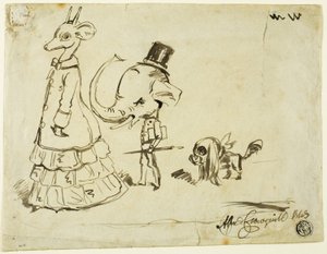 Karikatyyri miehestä, naisesta ja koirasta tekijältä Alfred Henry Forrester