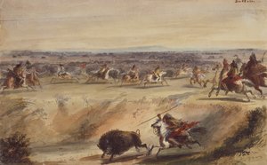 A Surround or Hunting the Buffalo, n. 1839 (lyijykynä, kynä ja muste, akvarelli ja guassi paperille) tekijältä Alfred Jacob Miller
