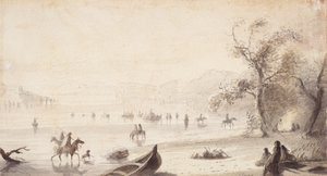 Bull Boating Across the Platte, n. 1837 (piirustus paperille) tekijältä Alfred Jacob Miller