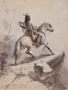 Crow Indian on Lookout, n. 1837 (kynä ja muste, pesu ja guassi paperille) tekijältä Alfred Jacob Miller