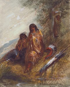 Sotaasun kirjonta, n. 1837 (akvarelli ja guassi paperille) tekijältä Alfred Jacob Miller