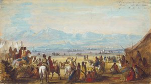 Leirintäalue Green Riverillä Kalliovuorten juurella, n. 1837 (kynä, akvarelli ja guassi paperille) tekijältä Alfred Jacob Miller
