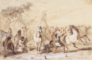 Ilta, Pikettihevoset, n. 1837 (lyijykynä, pesu ja guassi paperille) tekijältä Alfred Jacob Miller