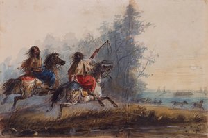 Naaraat, käärmeheimo, ajettavat hevoset, n. 1837 (kynä, akvarelli ja guassi paperille) tekijältä Alfred Jacob Miller