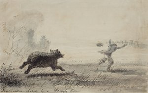 Grizzly-karhun jahtaama Fontenelle, n. 1837 (kynä, muste ja pesu paperille) tekijältä Alfred Jacob Miller