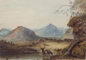 Kalliomuodostelmat lähellä makeaa vettä, n. 1837 (akvarelli paperille) tekijältä Alfred Jacob Miller