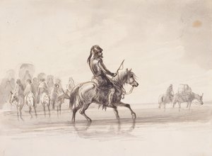 Jim Bridger, puku englantilaisessa haarniskassa, n. 1837 (kynä ja muste ja pesu paperille) tekijältä Alfred Jacob Miller
