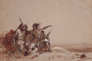 Kansas Indian Recounting to a Trapper, Signs, Migration of Buffalo, n. 1837 (kynä ja ruskeat ja mustat pesut paperilla) tekijältä Alfred Jacob Miller
