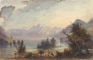 Lake Scene, Rocky Mountains, n. 1837 (akvarelli paperille) tekijältä Alfred Jacob Miller