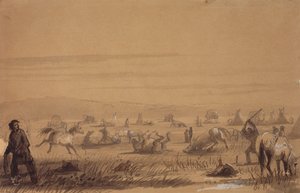 Saapuminen leiriin, satulat irrottaminen, n. 1837 (lyijykynä, kynä ja muste, pesu ja guassi paperille) tekijältä Alfred Jacob Miller