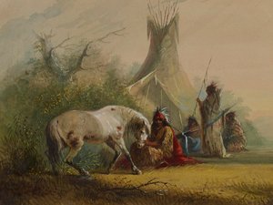 Shoshone-intiaani ja hänen lemmikkihevosensa tekijältä Alfred Jacob Miller