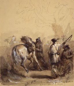 Sir W.D.S., Antoine ja Auguste tai valmistautuminen puhvelinmetsästykseen, n. 1837 (kynä ja muste, pesu ja guassi paperille) tekijältä Alfred Jacob Miller