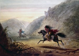 Snake-intiaani jahtaa ”Crow”-hevosvarasta tekijältä Alfred Jacob Miller