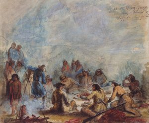 Auringonnousu, ansoja ja matkailijat Buffalo Hump Ribin aterioilla, n. 1837 (akvarelli paperille) tekijältä Alfred Jacob Miller