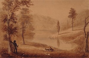 Joutsenjärvi, n. 1837 (akvarelli paperille) tekijältä Alfred Jacob Miller