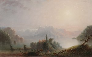 Lake Her Lone Bosom laajenee taivaalle, n. 1850 (öljy paneelissa) tekijältä Alfred Jacob Miller