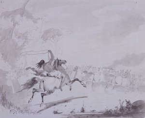 Lasson heittäminen, n. 1837 (harmaalla kortilla kynä ja muste harmaalla pesulla) tekijältä Alfred Jacob Miller
