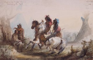 Trappers and Snake Indians Conversing by Signs, n. 1837 (kynä, akvarelli ja guassi paperille) tekijältä Alfred Jacob Miller
