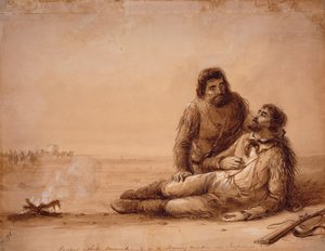 Ansastajat ilman ampumatarvikkeita ja nälkäisessä tilassa lähellä Independence Rockia, n. 1850 (seepiapesu paperilla) tekijältä Alfred Jacob Miller