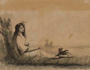 Lepääviä naisia ja talutushihnassa oleva koira (Laurence Sternen teoksesta "Tunteellinen matka", 1768) tekijältä Alfred Jacob Miller