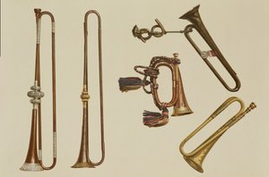 Ratsuväen trumpetti, bugle, kullattu trumpetti, jonka on valmistanut John Harris n. 1730, trumpetti ja hopeaasennettu trumpetti, William Ball n. 1680, kappaleesta "Musiikki-instrumentit" (värillinen lito)