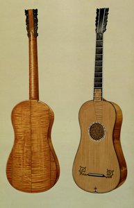 Kitara, jonka on valmistanut Antonio Stradivarius (n. 1644-1737), kappaleesta "Musical Instruments" (värillinen lito) tekijältä Alfred James Hipkins