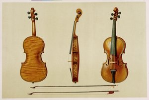 Antonio Stradivariuksen (n. 1644-1737) vuonna 1679 tekemä Hellier-viulu "Musiikki-instrumenteista" (värillinen lito)