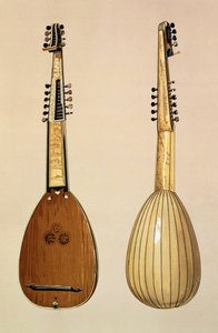 Theorbo, valmistaja Giovanni Krebar, Padova, 1629, kappaleesta "Musical Instruments" (värillinen litho)