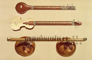 Kaksi sitaraa ja rudra vina, intialainen, kappaleesta "Musical Instruments" (värillinen lito)