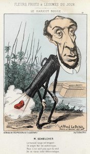 Le Bean rouge: Victor Schoelcherin karikatyyri edustaa Pietarin junassa papua (pierua) - ill. Alfred Le Petité, 16/02/1871, teoksessa "Päivän kukat, hedelmät ja vihannekset". tekijältä Alfred Le Petit