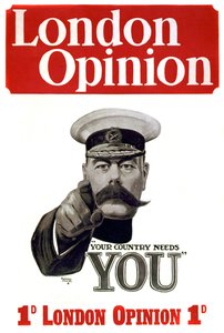 Ensimmäinen maailmansota: juliste brittiläisten sotilaiden värväystä varten: Khartumin komentaja Lord Horatio Herbert Kitchener (1850-1916), brittisotilas ja valtiomies osoittaa sotilaallisia mahdollisuuksia ”Maa tarvitsee sinua” Piirustus Alfred Leete (18