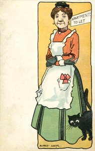 Vuokraemäntä ja hänen lemmikkikissansa (chromolitho)