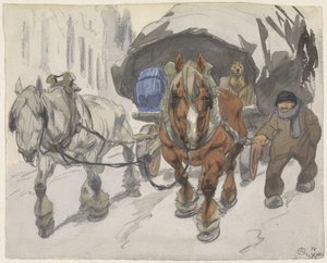Maatilavaunu kahdella hevosella edessä tekijältä Alfred Ost