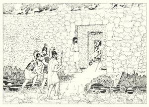 Lucianuksen A True History: Piinaavan saaren sisäänkäynti (kaiverrus). tekijältä Alfred Payne Garnett