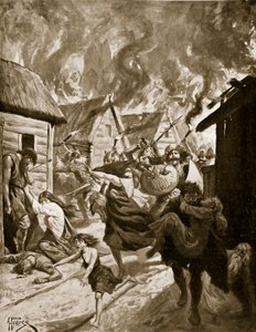 Canterbury Burned by the Danes, 851 jKr, kuvitus "Hutchinsonin tarinasta brittiläisestä kansasta", n. 1920 (litho) tekijältä Alfred Pearse