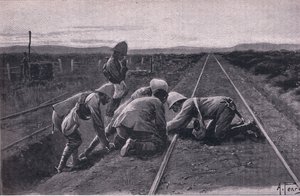Joukkomme räjäyttävät sotilasrautatien Bloemfonteinista pohjoiseen (litho) tekijältä Alfred Pearse