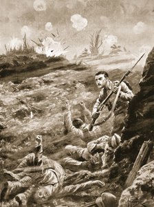 Sotamies E. Warner pitelee yksinään hautaa, joka oli evakuoitu kaasuhyökkäyksen jälkeen tekijältä Alfred Pearse