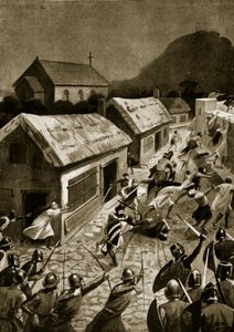 Skottien hyökkäys Berwickiin, marraskuu 1354, kuvitus "Hutchinsonin tarinasta brittiläisestä kansasta", n. 1920 tekijältä Alfred Pearse