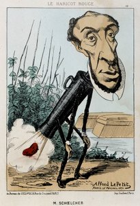 Le Bean rouge: karikatyyri Victor Schoelcherista, joka on Peterin junassa papu (pieru) - ill. 16.2.1871 teoksessa "Fleurs, Fruits et Vegetables du Jour" tekijältä Alfred Petit