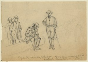 Grant kirjoittaa sähkeen, että armeija oli ylittänyt Rapidanin tekijältä Alfred Rudolph Waud