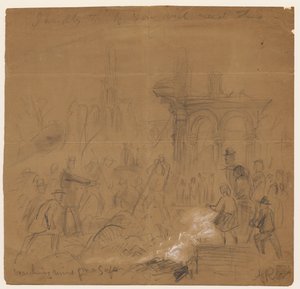 Kassakaapin raunioista etsiminen Chicagon vuoden 1871 palon jälkeen (kynä ja liitu paperille) tekijältä Alfred Rudolph Waud