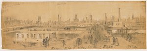 Näkymä Erie Street Bridge -sillalta itään Chicagon vuoden 1871 palon aikana tekijältä Alfred Rudolph Waud