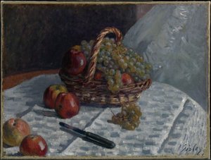 Omenoita ja viinirypäleitä korissa tekijältä Alfred Sisley